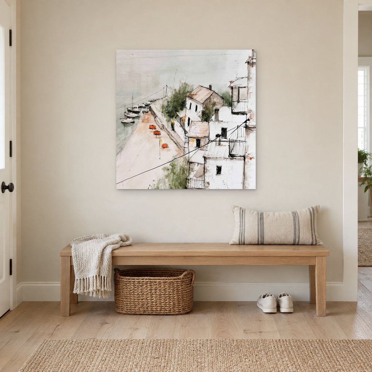 Harbour Houses Above the Quay canvas wall art above a wooden entryway bench with a woven basket