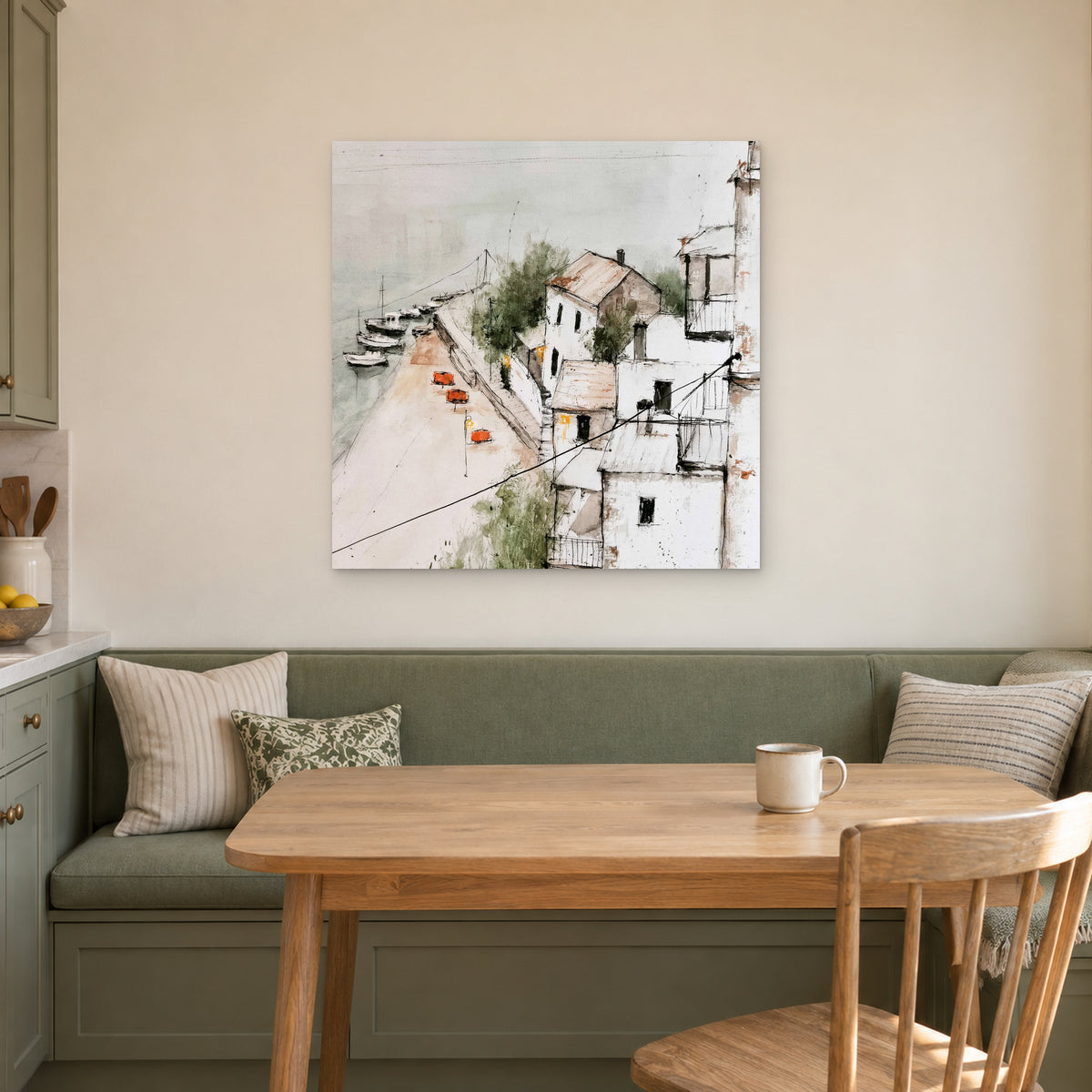 Harbour Houses Above the Quay canvas wall art above a green banquette and wooden table in a breakfast nook