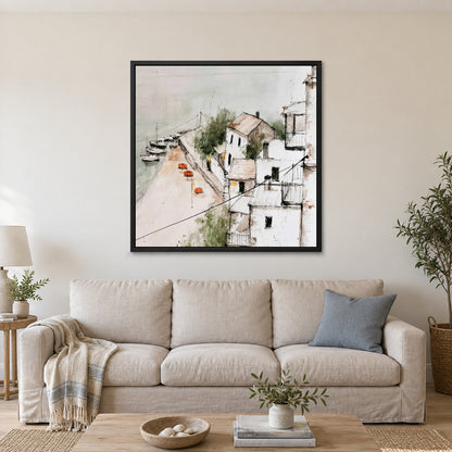 Harbour Houses Above the Quay framed canvas in a black floating frame above a linen sofa with a blue cushion