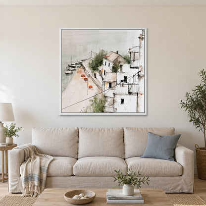 Harbour Houses Above the Quay framed canvas in a white floating frame above a linen sofa with a blue cushion