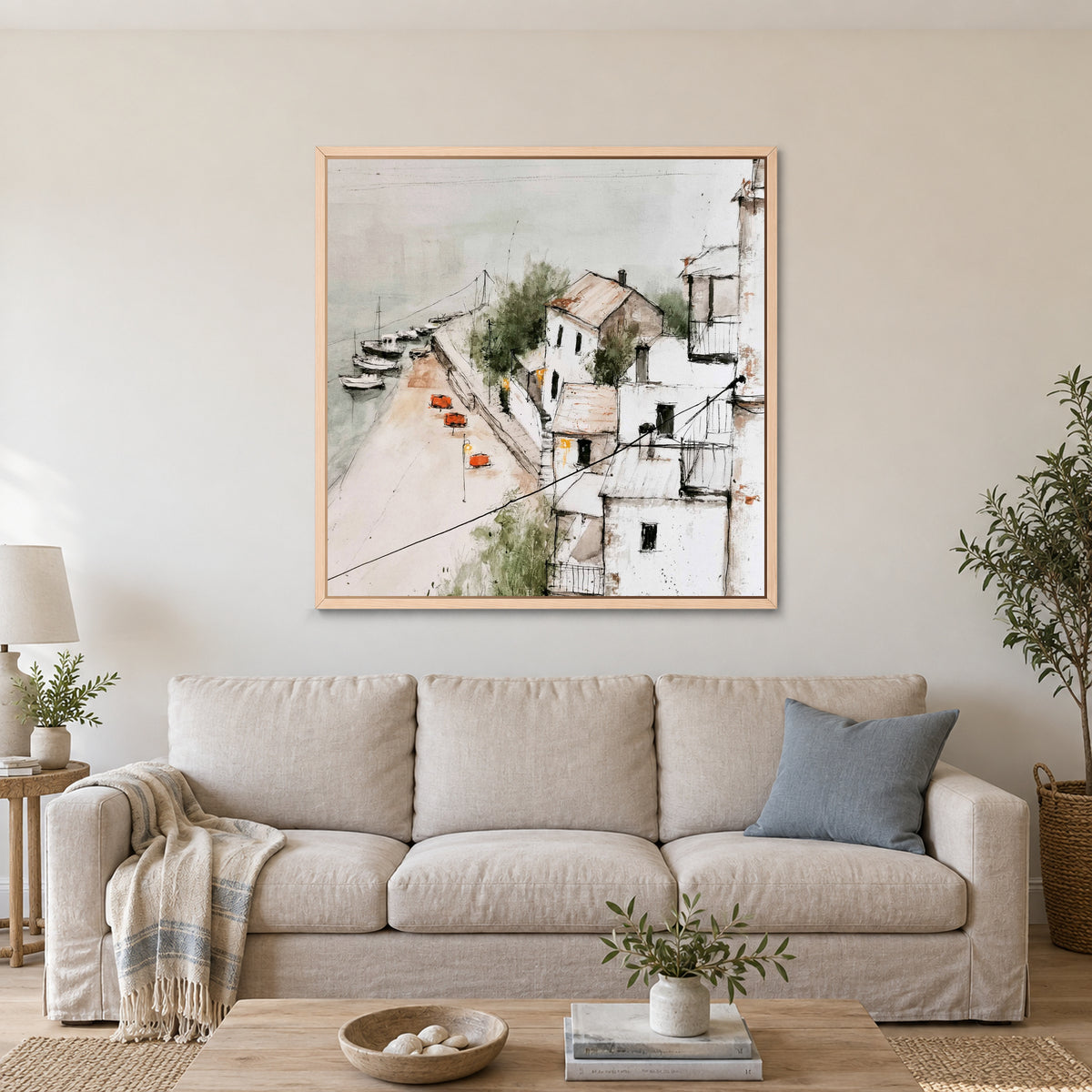 Harbour Houses Above the Quay framed canvas in a natural wood floating frame above a linen sofa with a blue cushion