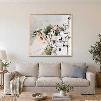 Harbour Houses Above the Quay framed canvas in a natural wood floating frame above a linen sofa with a blue cushion