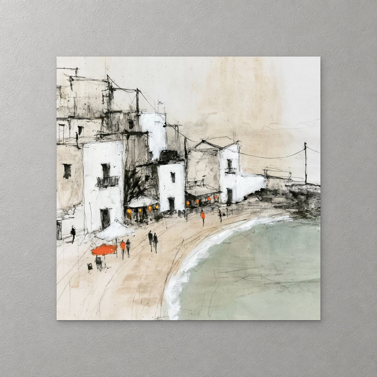 White seaside houses sit above a curved sandy beach and a sage green bay, with red parasols and small figures on the sand — canvas wall art print