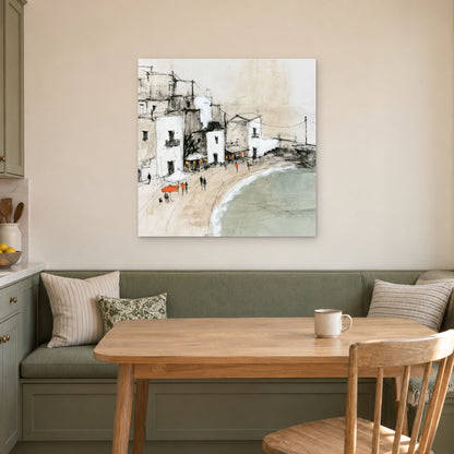 Whitewashed Seaside Village canvas wall art above a green banquette and wooden table in a breakfast nook