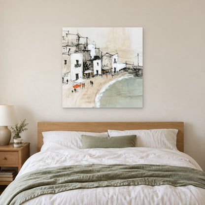 Whitewashed Seaside Village canvas wall art above a bed with white linens and a sage throw
