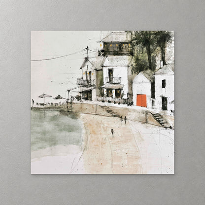 White harbour houses with a bright orange door and a dark palm look over a wide pale beach and a small quay, drawn in fine ink — canvas wall art print