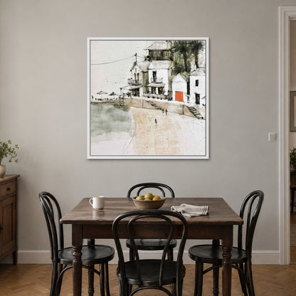 The Orange Door framed canvas in a white floating frame above a small wooden dining table with black bentwood chairs