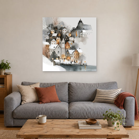 Hallstatt Waterfront Clock Tower canvas wall art above a grey sofa with rust and striped cushions