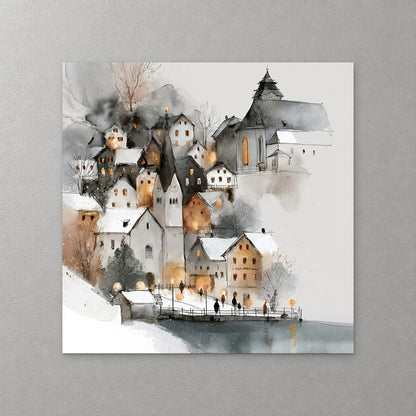 Grey and white houses with warm lit windows crowd a hillside below a dark clock tower, stepping down to a snowy waterfront with small figures by the water — canvas wall art print