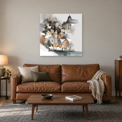 Hallstatt Waterfront Clock Tower canvas wall art above a cognac leather sofa with a wooden coffee table