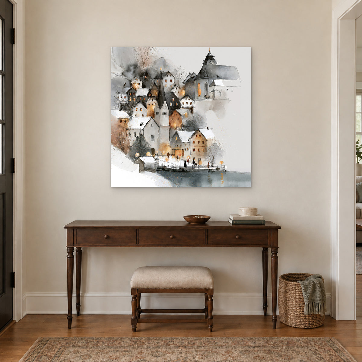 Hallstatt Waterfront Clock Tower canvas wall art above a dark wood console table and upholstered bench in an entryway