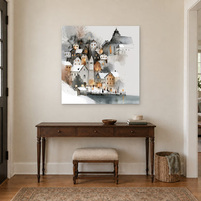 Hallstatt Waterfront Clock Tower canvas wall art above a dark wood console table and upholstered bench in an entryway