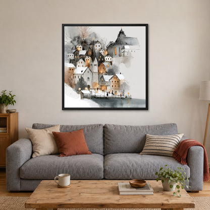 Hallstatt Waterfront Clock Tower framed canvas in a black floating frame above a grey sofa with rust and striped cushions