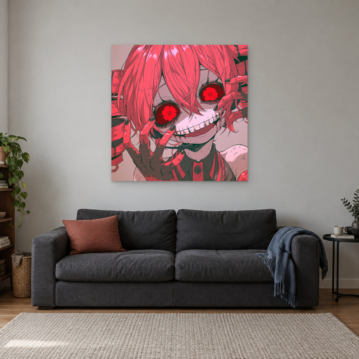 Flower Eyed Anime Girl canvas wall art above a charcoal sofa with a rust cushion