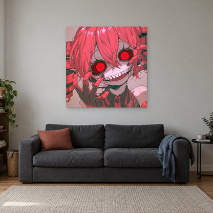 Flower Eyed Anime Girl canvas wall art above a charcoal sofa with a rust cushion