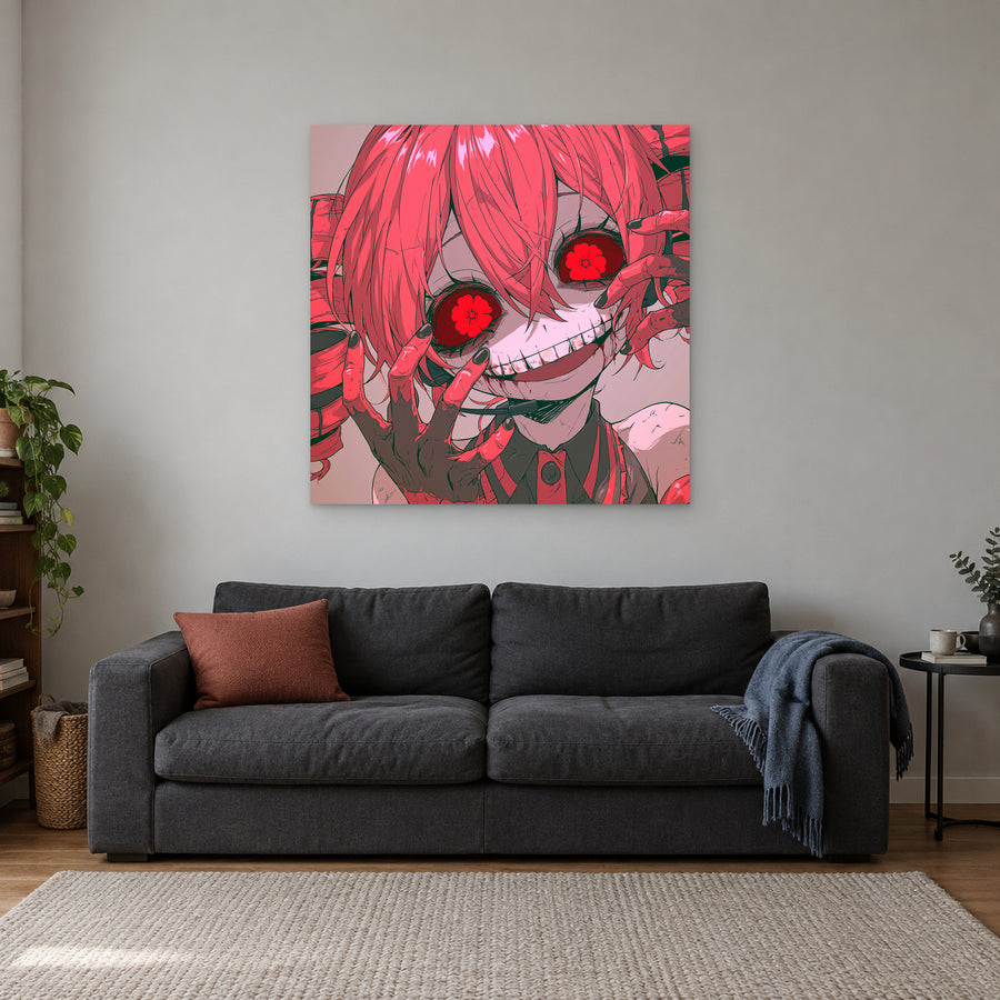 Flower Eyed Anime Girl canvas wall art above a charcoal sofa with a rust cushion