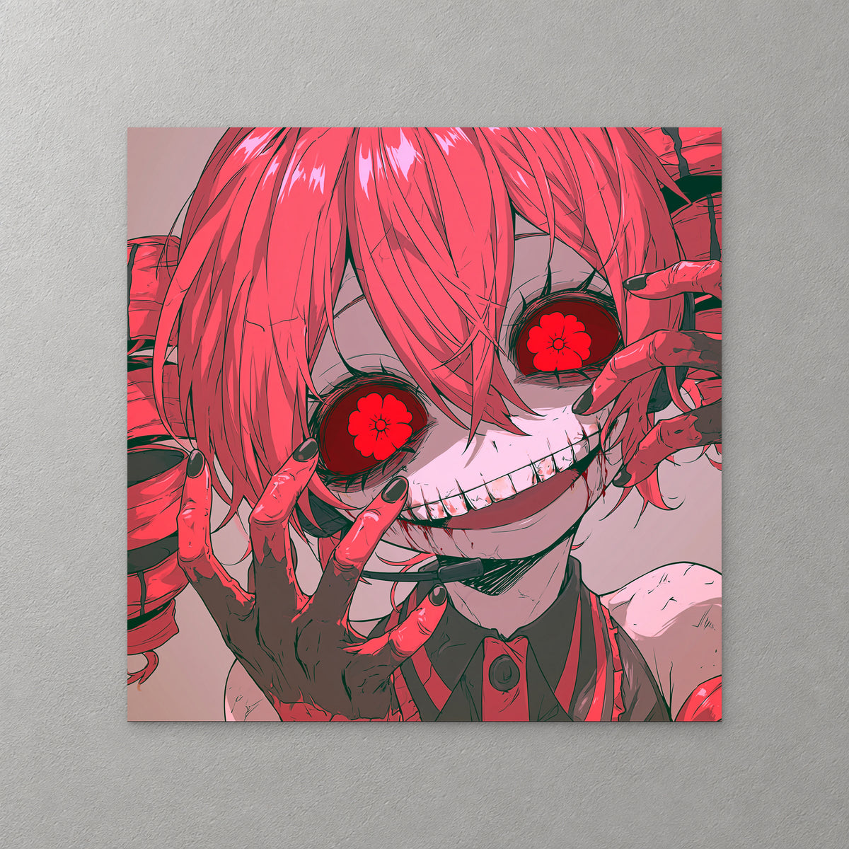 An anime girl with pink hair and red flower-shaped eyes grins wide through her fingers, in pink, red and dark green — canvas wall art print
