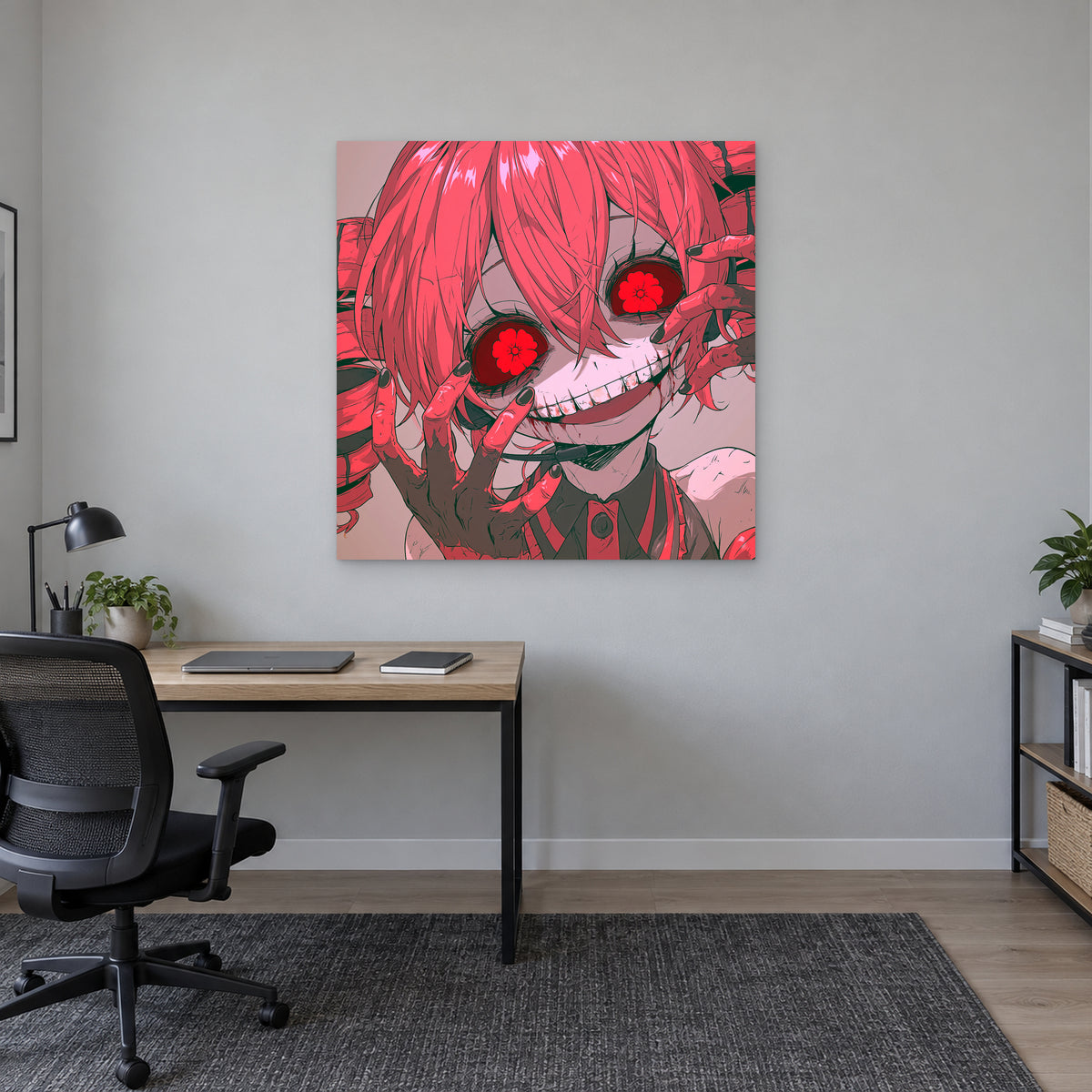 Flower Eyed Anime Girl canvas wall art above a light wood desk with a black office chair in a home office