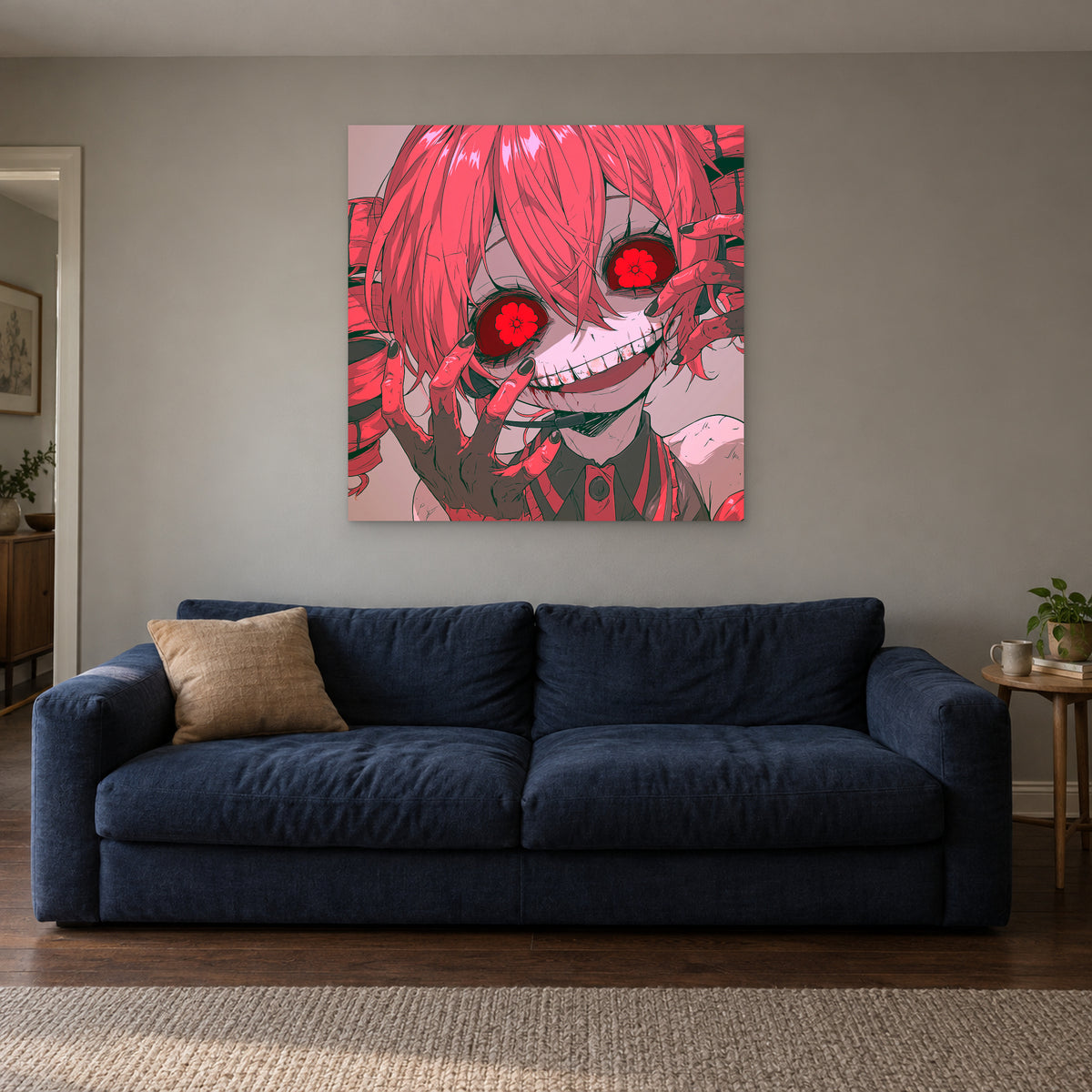 Flower Eyed Anime Girl canvas wall art above a navy sofa in a living room