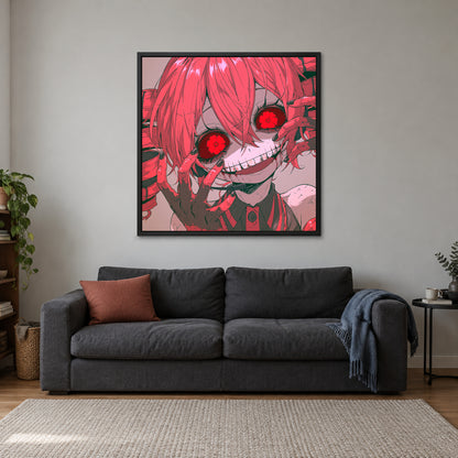 Flower Eyed Anime Girl framed canvas in a black floating frame above a charcoal sofa with a rust cushion