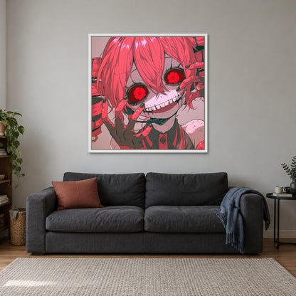 Flower Eyed Anime Girl framed canvas in a white floating frame above a charcoal sofa with a rust cushion