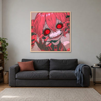Flower Eyed Anime Girl framed canvas in a natural wood floating frame above a charcoal sofa with a rust cushion