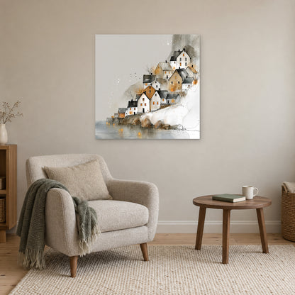 Reine Norway Houses Above Still Water canvas wall art above a cream armchair and round wooden side table