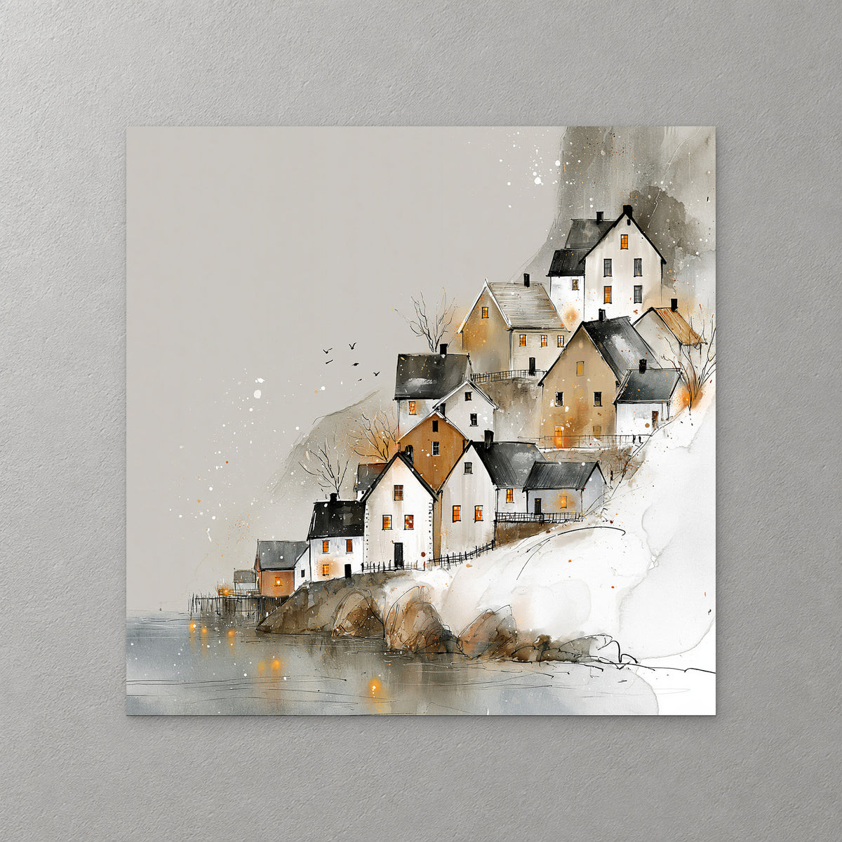 White, ochre and grey houses with lit windows climb a snowy slope above still grey water, their lights reflected below — canvas wall art print