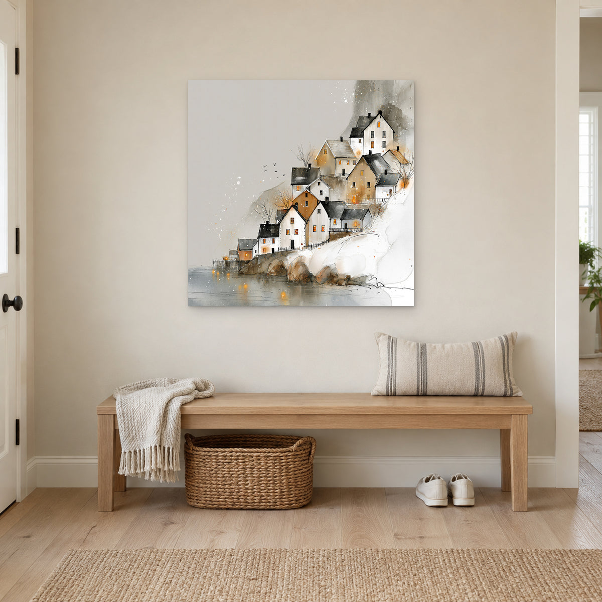 Reine Norway Houses Above Still Water canvas wall art above a wooden entryway bench with a woven basket