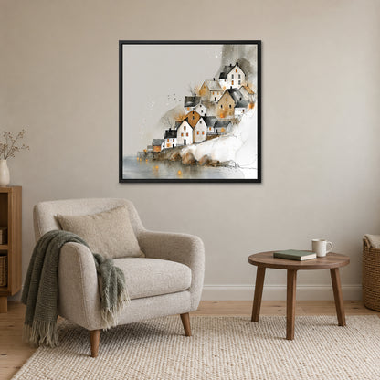 Reine Norway Houses Above Still Water framed canvas in a black floating frame above a cream armchair and round wooden side table