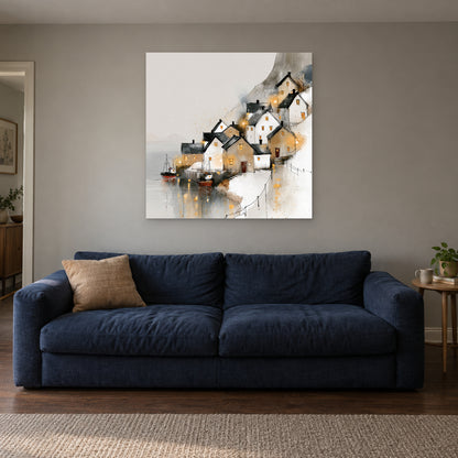 Harbour Lights in the Snow canvas wall art above a navy sofa in a living room