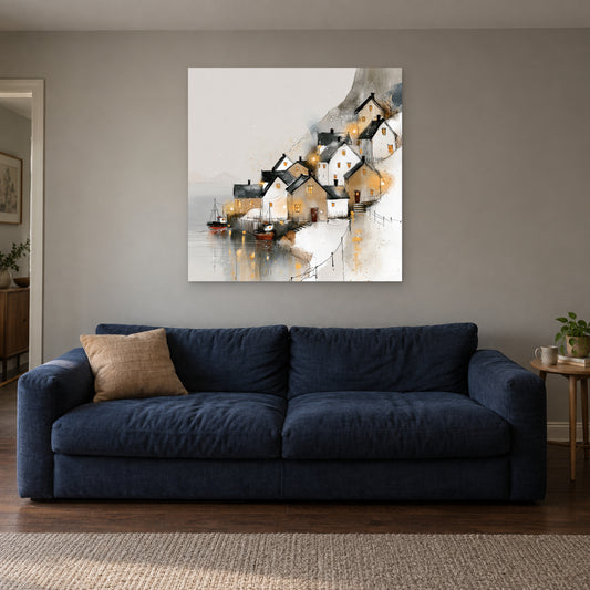 Harbour Lights in the Snow canvas wall art above a navy sofa in a living room