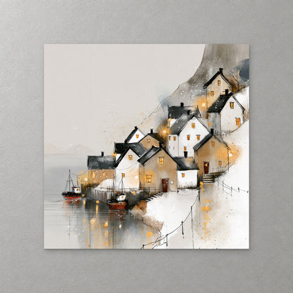 White and ochre harbour houses with glowing windows step down a snowy slope to the water, with small red boats reflected in the calm grey sea — canvas wall art print