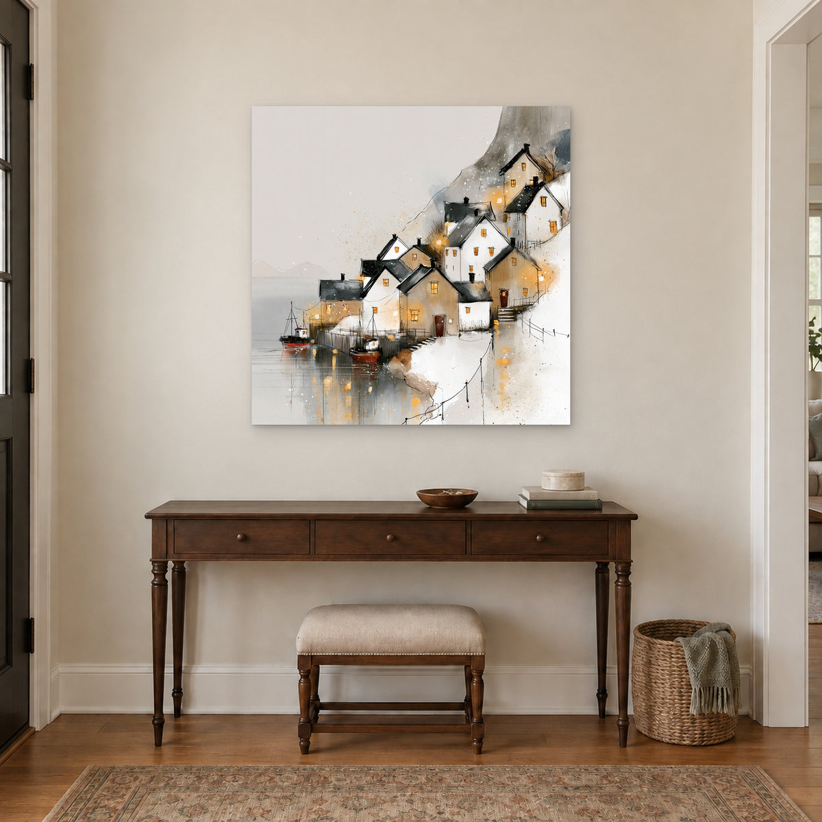 Harbour Lights in the Snow canvas wall art above a dark wood console table and upholstered bench in an entryway