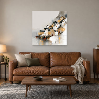 Harbour Lights in the Snow canvas wall art above a cognac leather sofa with a wooden coffee table