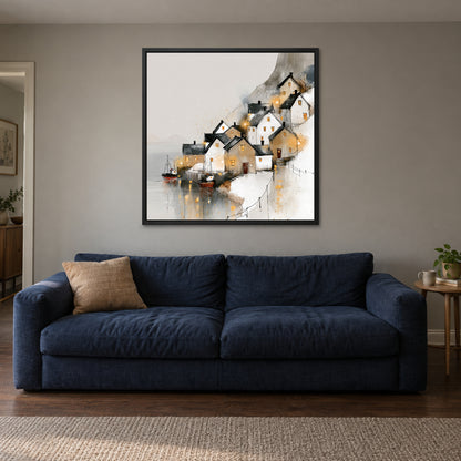 Harbour Lights in the Snow framed canvas in a black floating frame above a navy sofa
