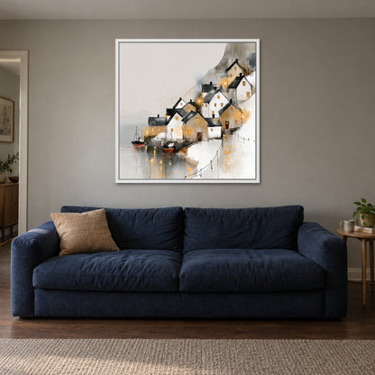 Harbour Lights in the Snow framed canvas in a white floating frame above a navy sofa