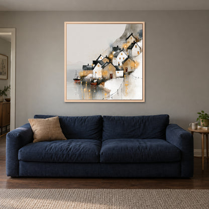 Harbour Lights in the Snow framed canvas in a natural wood floating frame above a navy sofa