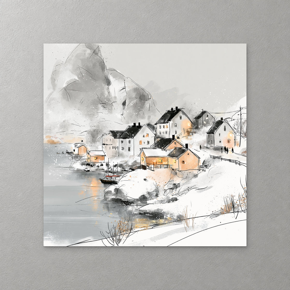 White and ochre houses with dark roofs sit along a snowy shore below a pale grey mountain, a few lights reflected in the still water — canvas wall art print