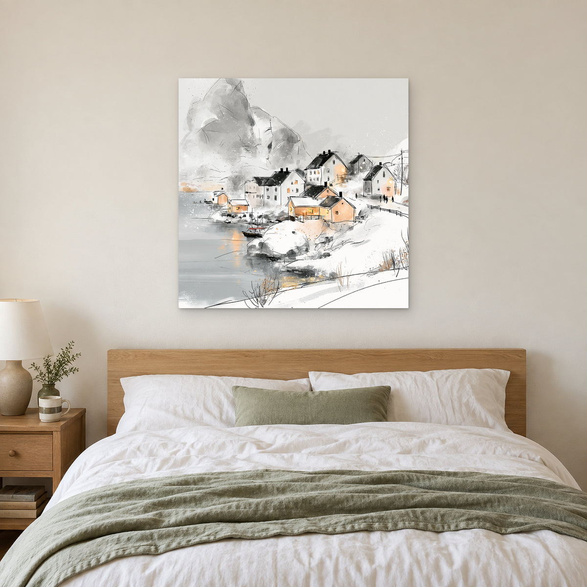 Snowy Nordic Harbour Village canvas wall art above a bed with white linens and a sage throw