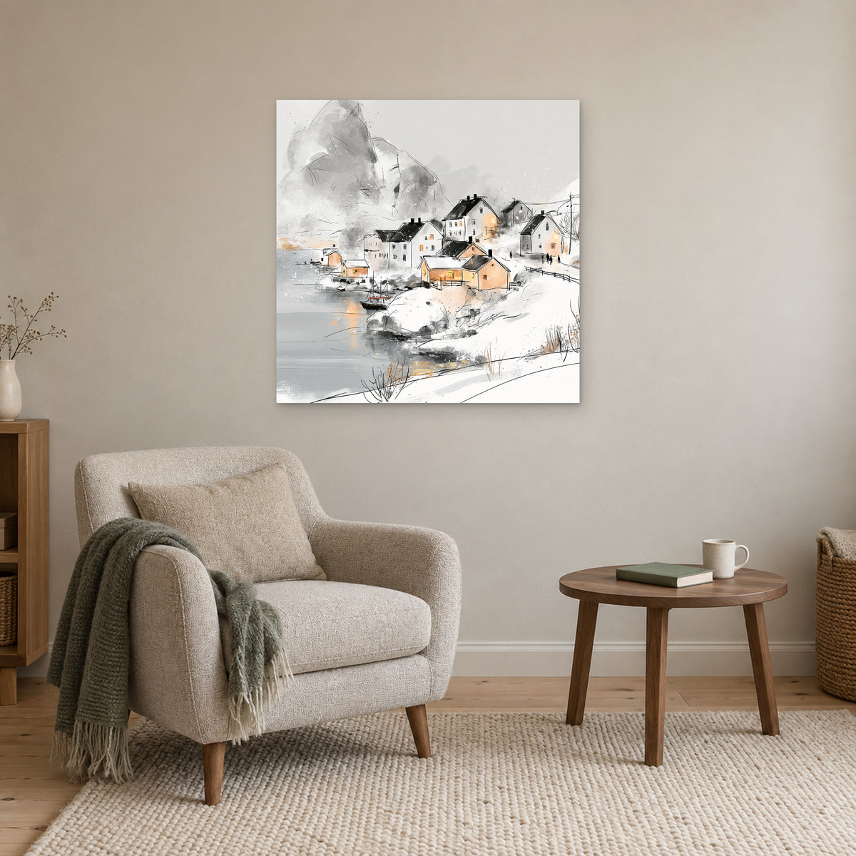 Snowy Nordic Harbour Village canvas wall art above a cream armchair and round wooden side table