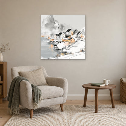 Snowy Nordic Harbour Village canvas wall art above a cream armchair and round wooden side table