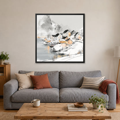 Snowy Nordic Harbour Village framed canvas in a black floating frame above a grey sofa with rust and striped cushions