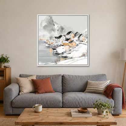 Snowy Nordic Harbour Village framed canvas in a white floating frame above a grey sofa with rust and striped cushions