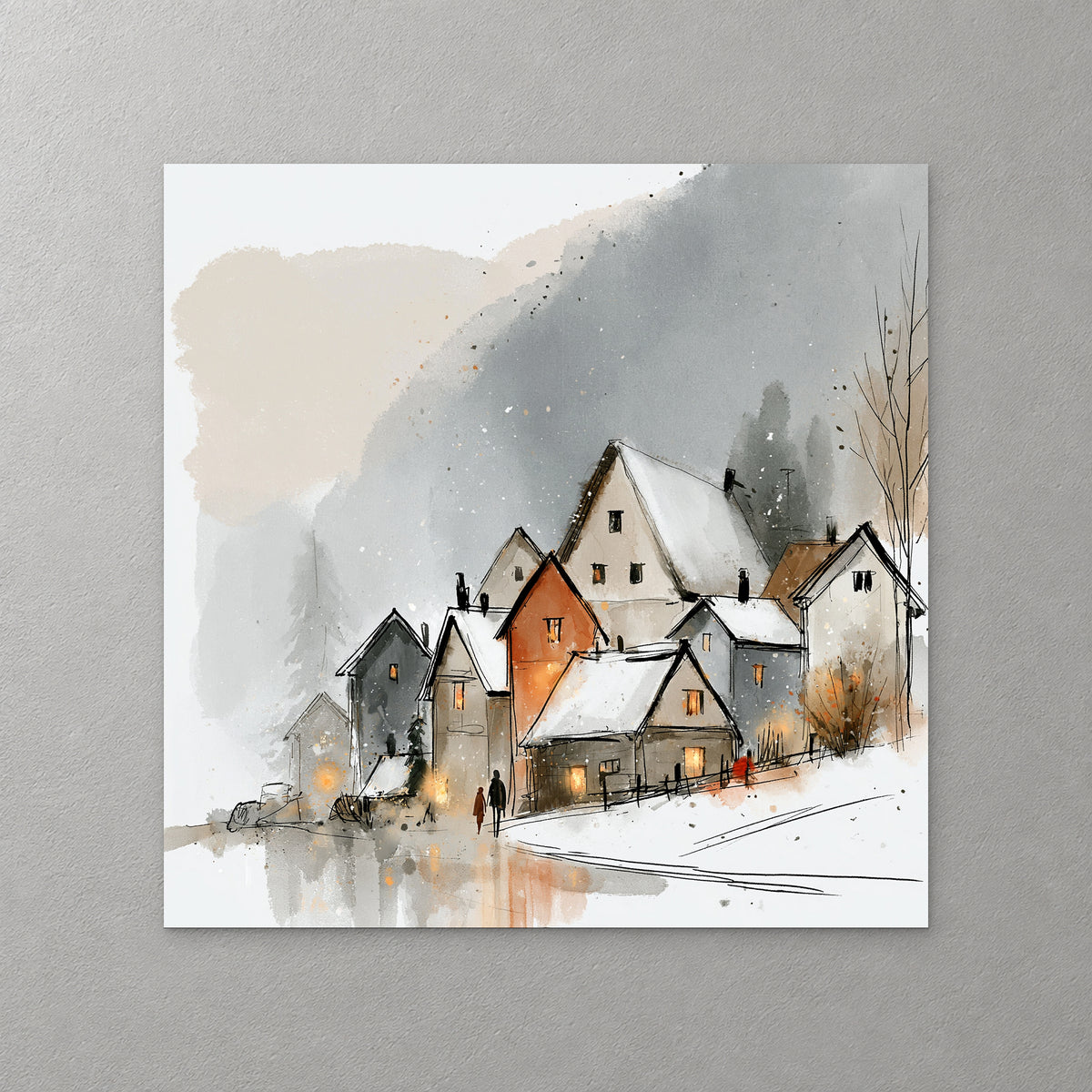 Steep-roofed farmhouses in grey, white and burnt orange sit in the snow with warm lit windows and a small figure walking by — canvas wall art print