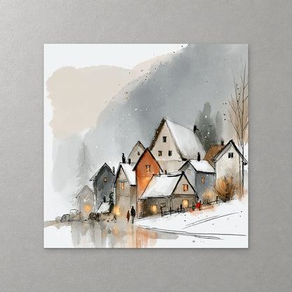Steep-roofed farmhouses in grey, white and burnt orange sit in the snow with warm lit windows and a small figure walking by — canvas wall art print