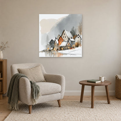 Shirakawa-go Farmhouses in Snow canvas wall art above a cream armchair and round wooden side table