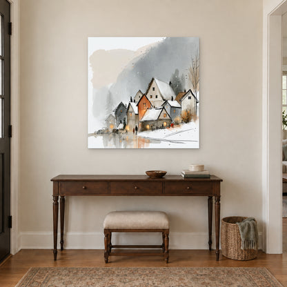Shirakawa-go Farmhouses in Snow canvas wall art above a dark wood console table and upholstered bench in an entryway