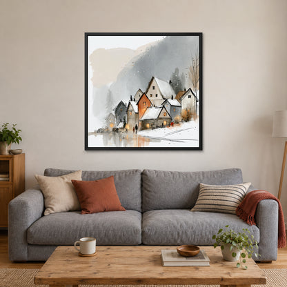 Shirakawa-go Farmhouses in Snow framed canvas in a black floating frame above a grey sofa with rust and striped cushions