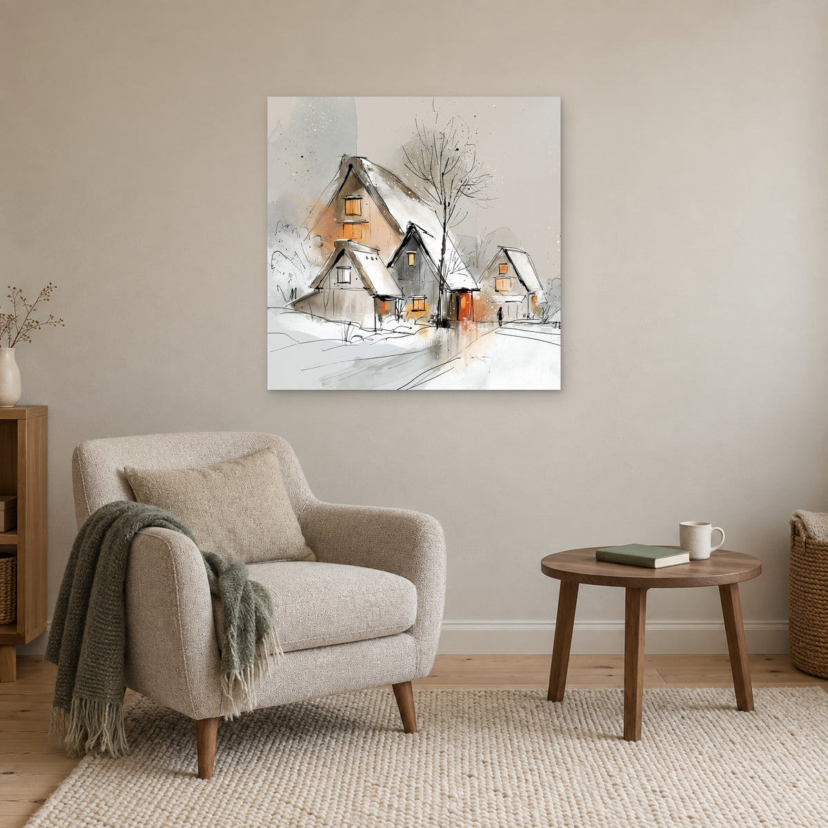 Three Thatched Roofs and a Tree canvas wall art above a cream armchair and round wooden side table
